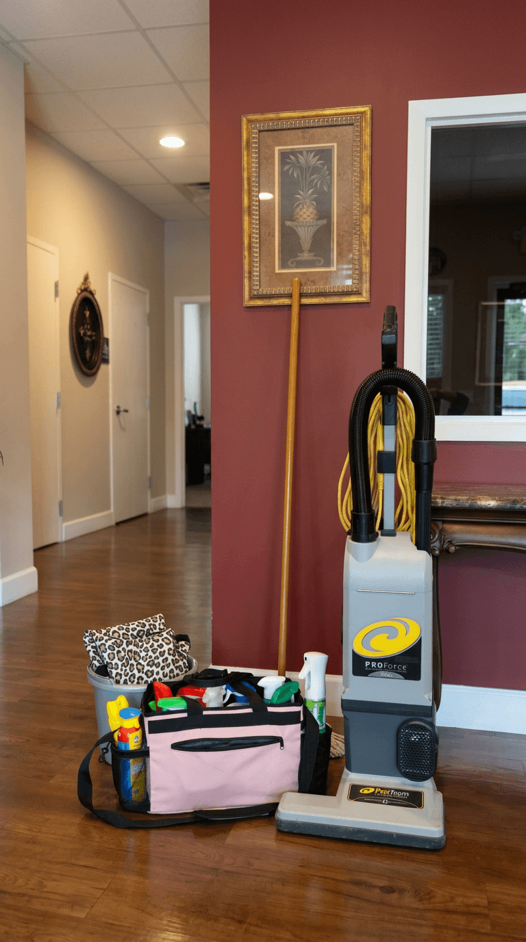 Phoebe's organized cleaning supplies and equipment ready for a recurring visit