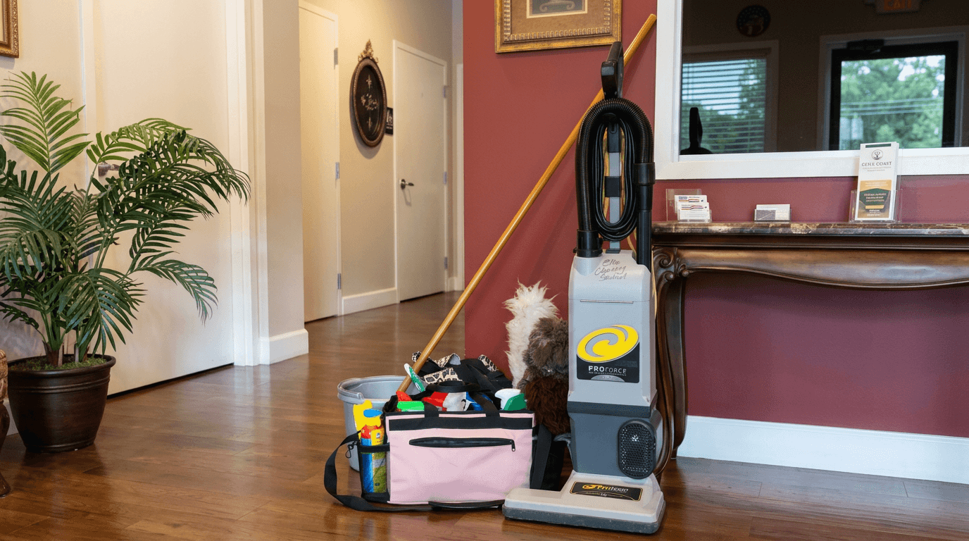 Phoebe's organized cleaning supplies and equipment ready for a recurring visit